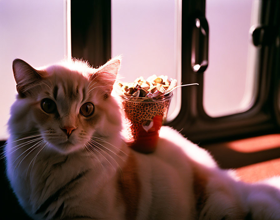 Fluffy white and cream cat next to small plant pot in sunlight