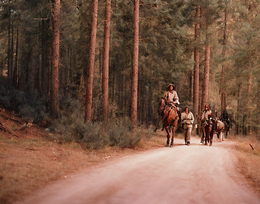 Group of Horseback Riders Exploring Pine Forest Trail