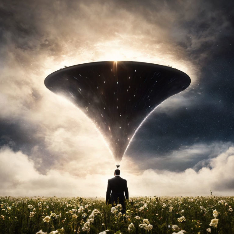 Person in suit gazes at UFO in flower field under dramatic sky