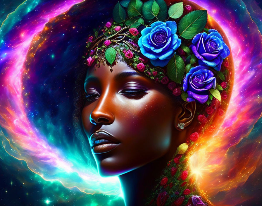 Colorful artwork: Woman with floral crown in cosmic setting