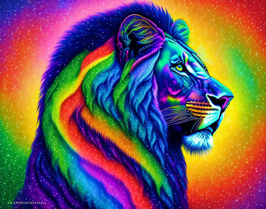 Vibrant lion digital art with rainbow mane on starry backdrop