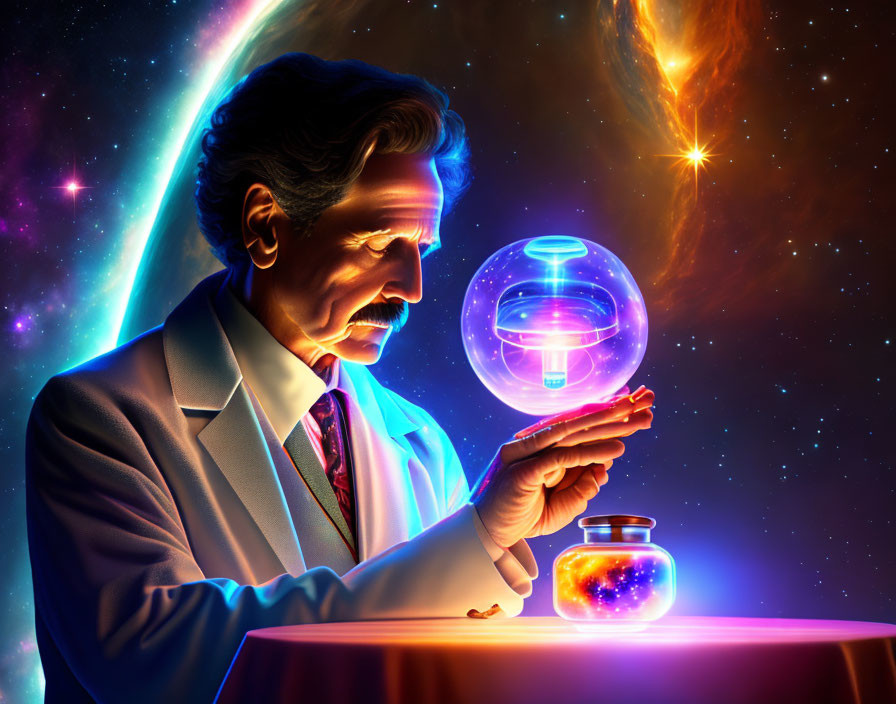 Illustration of contemplative man with mustache holding glowing cosmic orb