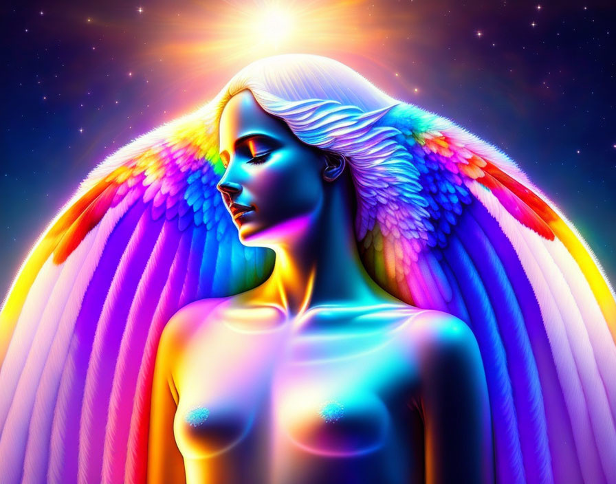 Colorful illustration: Angelic figure with luminous wings in cosmic setting