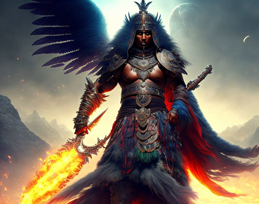 Majestic warrior with wings and ornate armor in fiery backdrop.