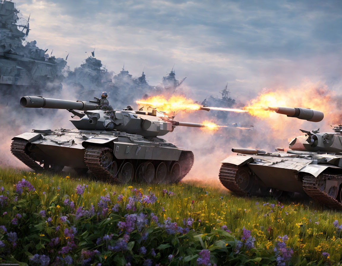 Battlefield scene: Tanks firing, warships, explosion, purple flowers