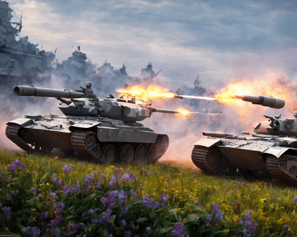 Battlefield scene: Tanks firing, warships, explosion, purple flowers