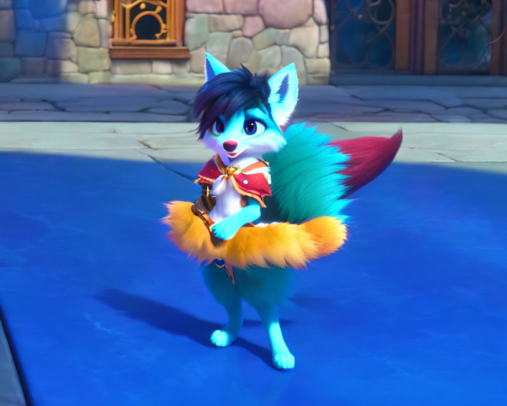 Colorful Animated Fox-Like Character in Red and Gold Outfit on Blue Surface