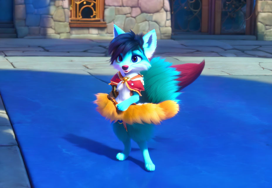 Colorful Animated Fox-Like Character in Red and Gold Outfit on Blue Surface