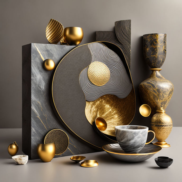 Luxurious Gold and Black Decor Items on Marble Surface