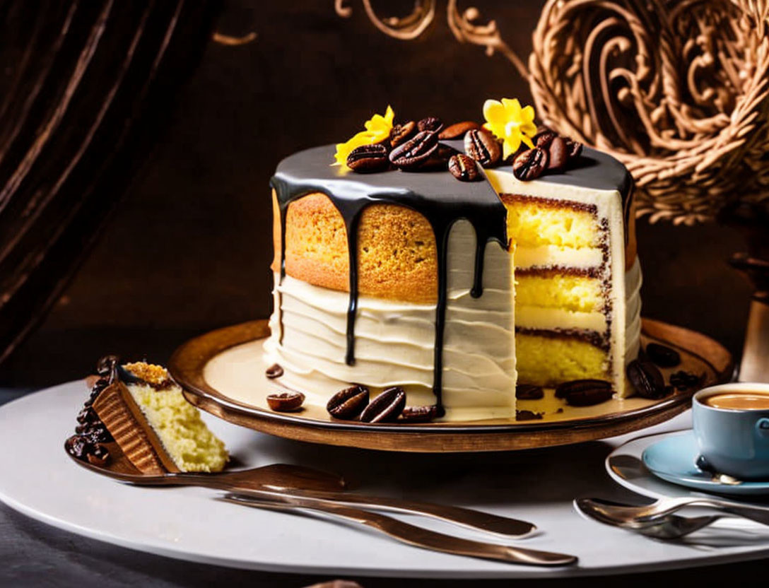 Layered Sponge Cake with White Frosting, Chocolate Ganache Drizzle, Coffee Beans, and Chocolate