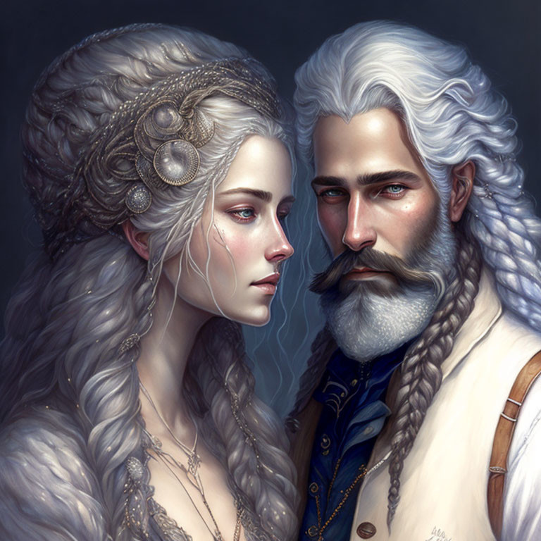 Fantasy Couple Illustration with Silver Hair and Bejeweled Headpiece