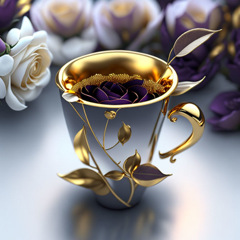 Golden Cup with Purple Rose Surrounded by White and Purple Roses