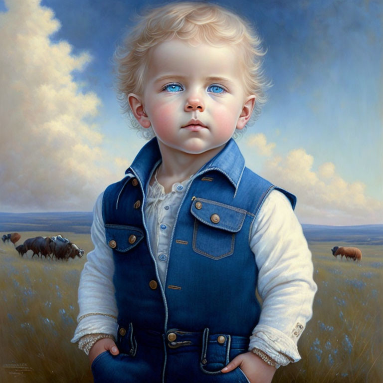 Detailed painting of young child with blue eyes and blonde hair in denim vest, backdrop of bison in