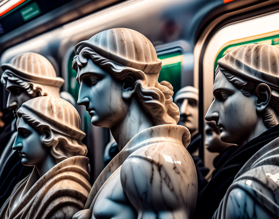 Detailed classical sculptures under soft lighting on blurred background