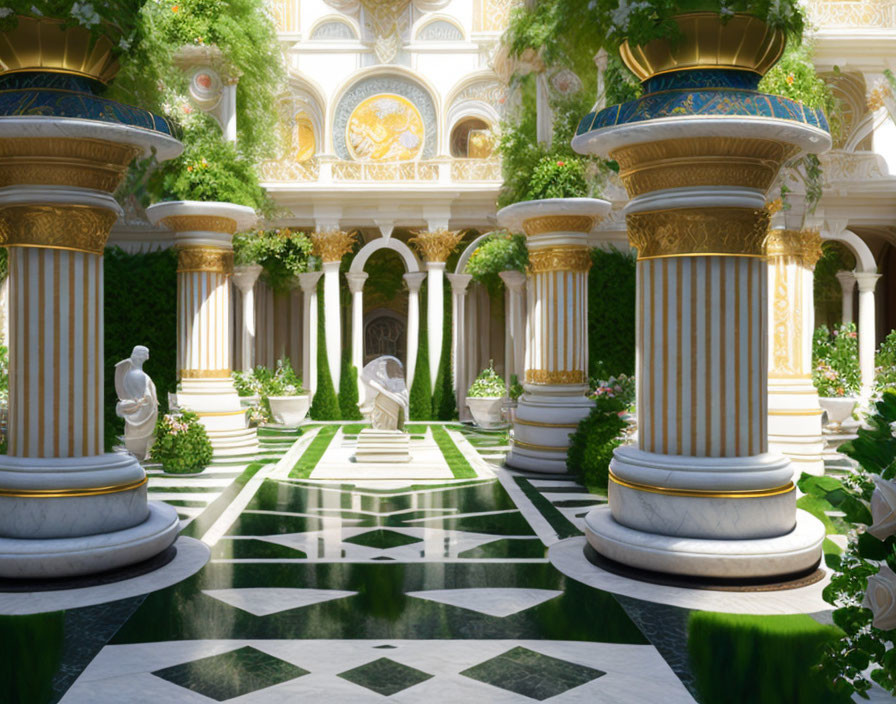 Opulent Garden with Marble Floors, Statues, and Ornate Columns