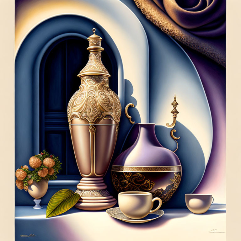 Ornate golden vessels with cup and plant in stylized illustration