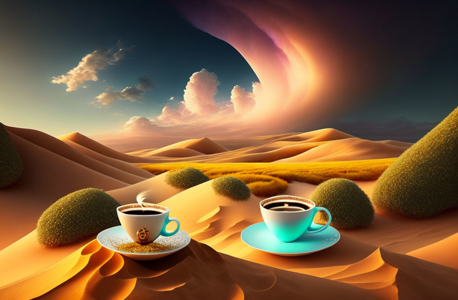 Surreal landscape featuring coffee cups, desert dunes, clouds, and whimsical sky