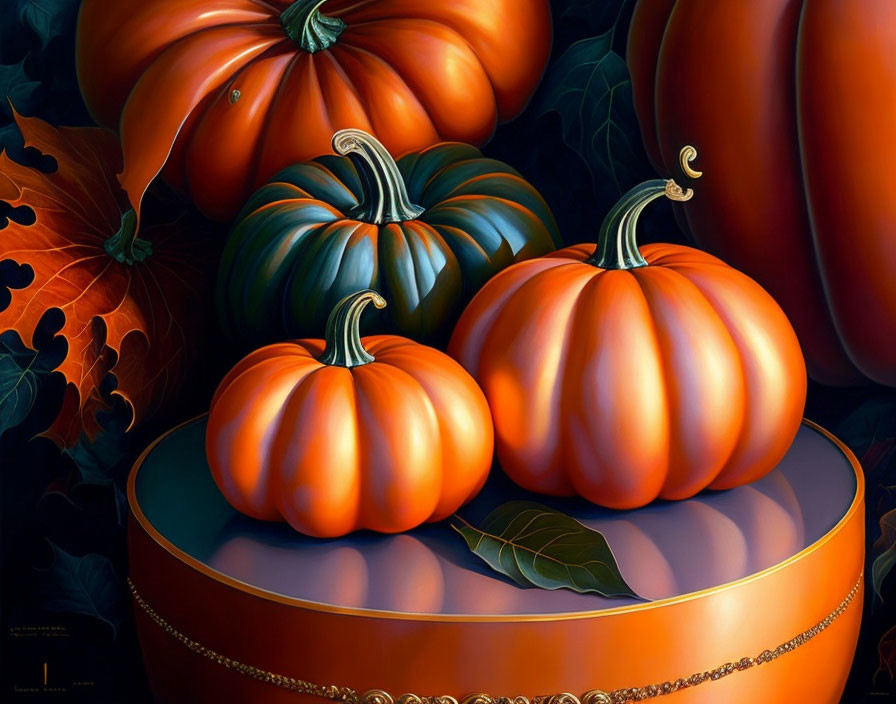 Realistic Pumpkin Still-Life Painting with Dark Leafy Background