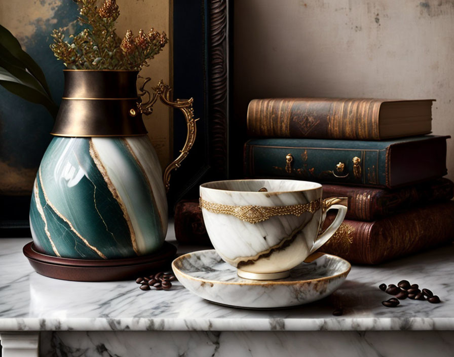 Luxurious Tea Cup with Golden Trim, Coffee Beans, Flowers, and Antique Books on Tabletop