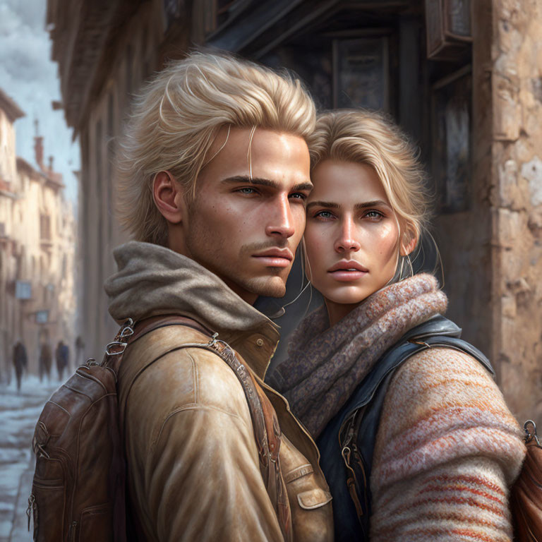 Blonde-Haired Siblings with Blue Eyes in Old European Street