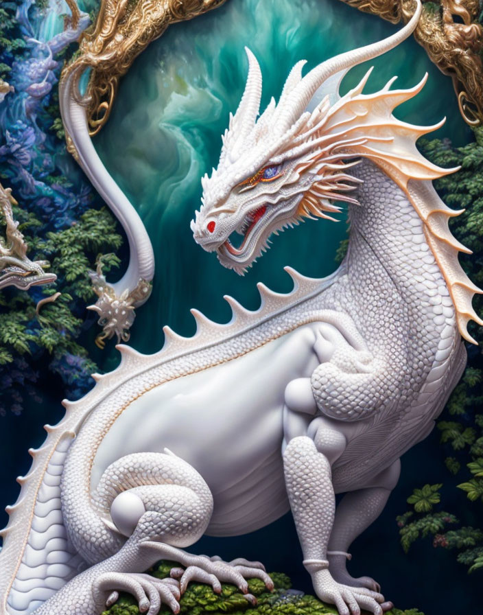 White Dragon with Red Eyes in Fantastical Environment with Colorful Flora