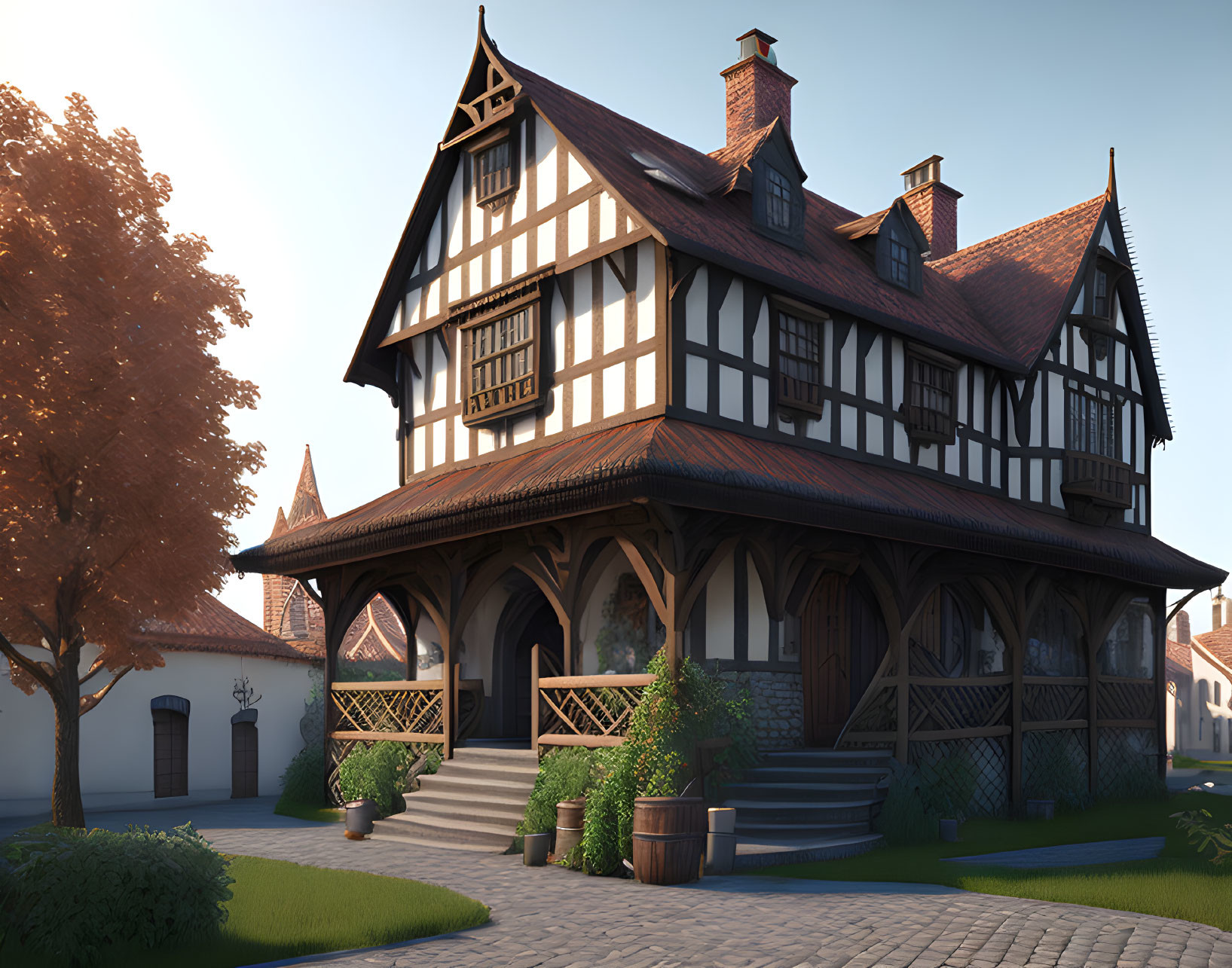 Traditional Tudor-Style House with Timber Framing and Gabled Roof at Sunset