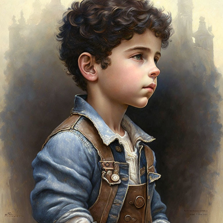 Profile portrait of young boy with curly hair in denim jacket and vest on neutral background