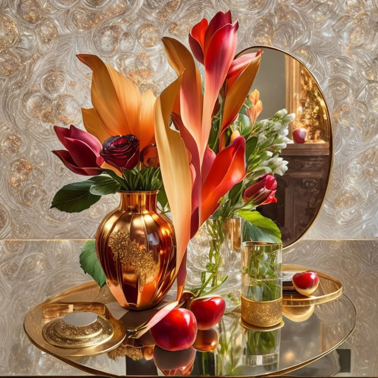 Colorful flower bouquet with apples on gold table in patterned room