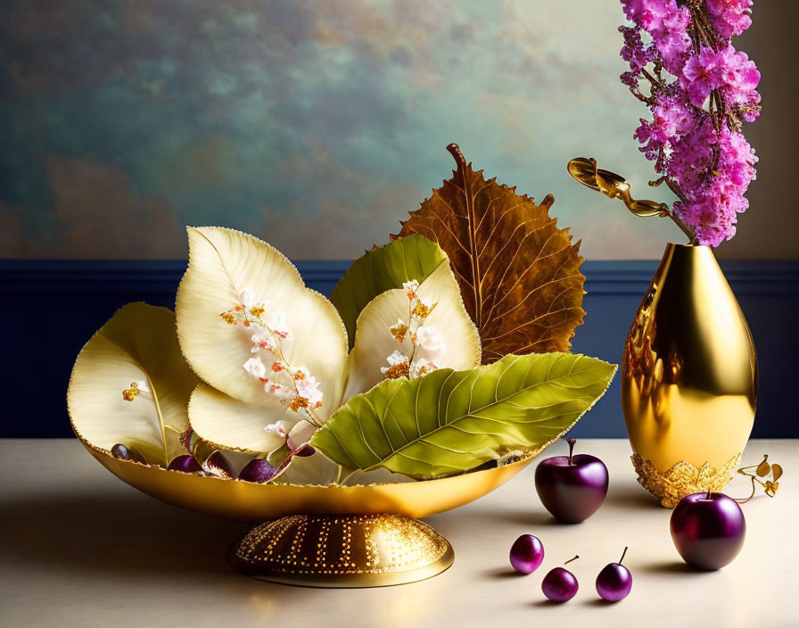 Gold Bowls, Golden Vase, Pink Flowers, and Purple Ornaments in Still-Life Composition