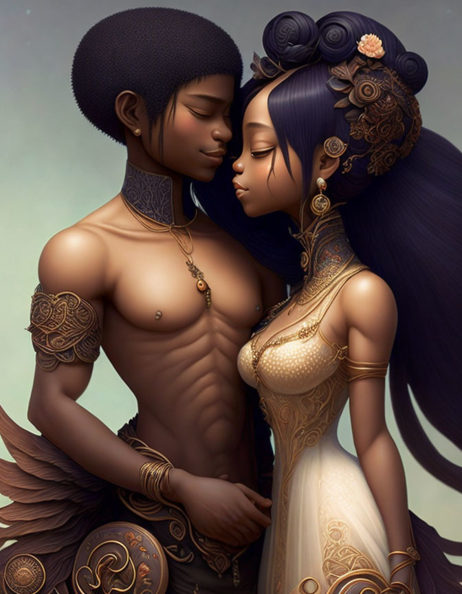 Stylized animated characters embracing with intricate tattoos and ornate clothing