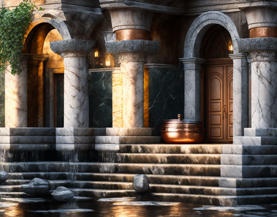 Marble courtyard with water steps, lanterns, wooden door, and copper bowl