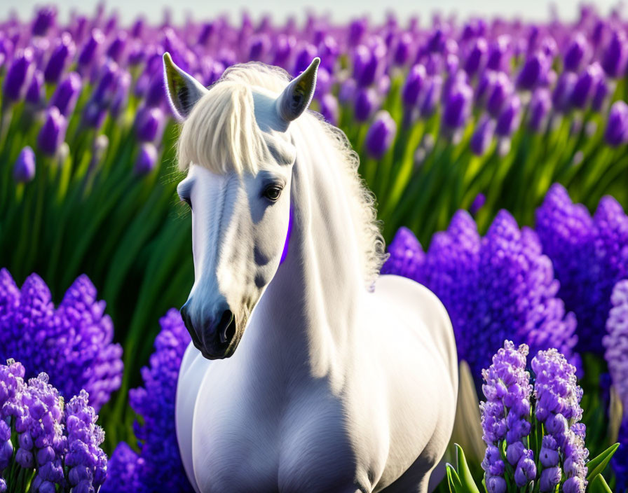 White Horse with Flowing Mane Among Purple Flowers