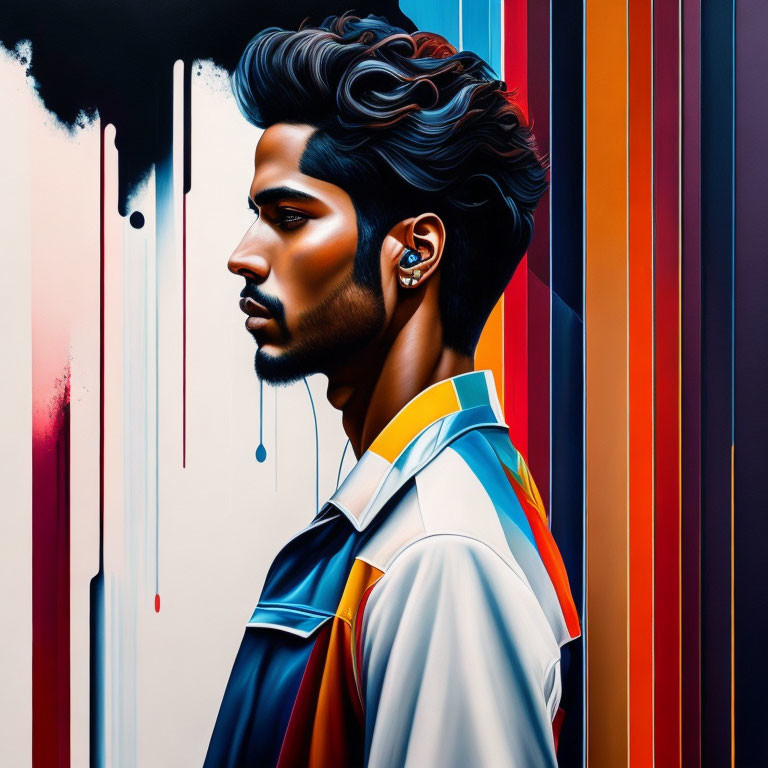 Colorful portrait of a man with beard and modern hairstyle surrounded by vibrant stripes and paint drips