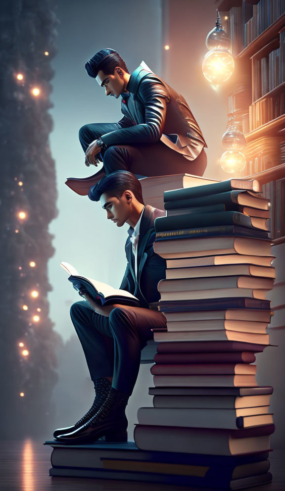 Stylized characters reading on book stacks under oversized light bulbs