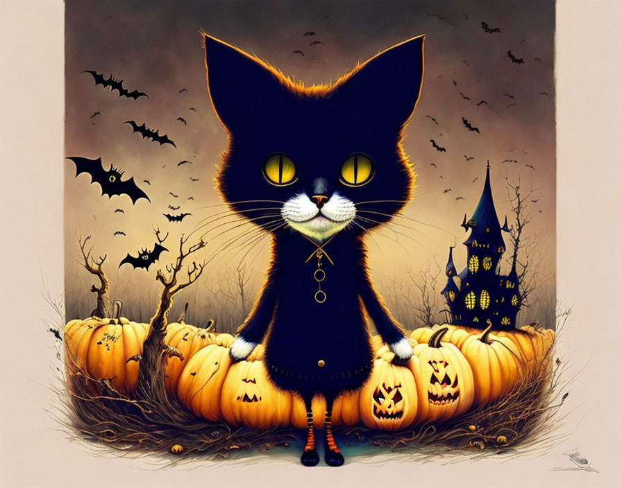 Stylized black cat among pumpkins, bats, and spooky castle illustration