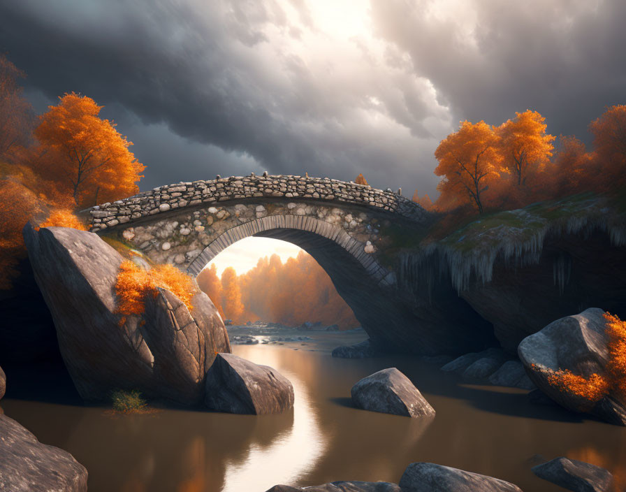 Stone bridge over river with autumn trees and dramatic sky