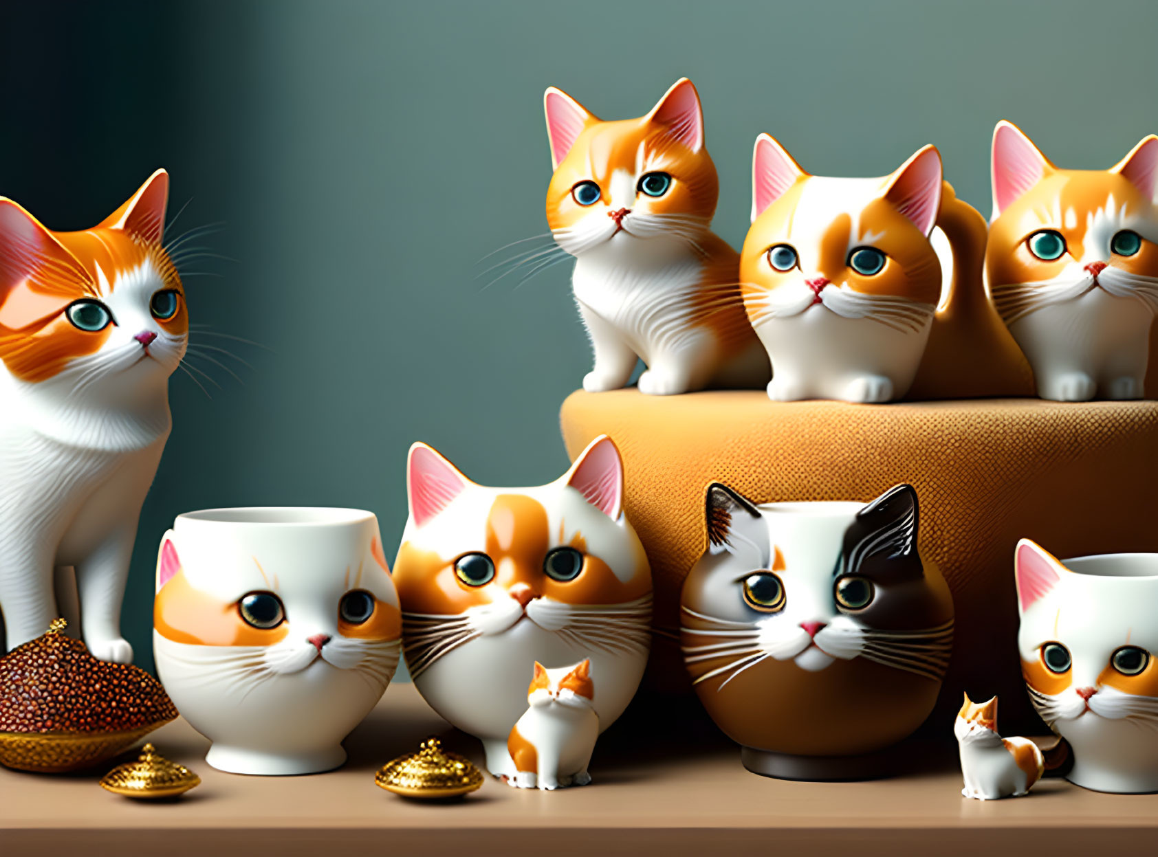 Cat-themed figurines and vases on grey shelf