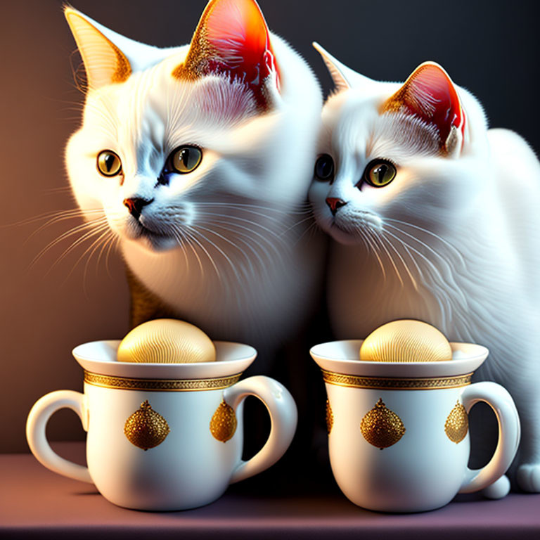 Stylized white cats with golden accents on ornate cups against dark background