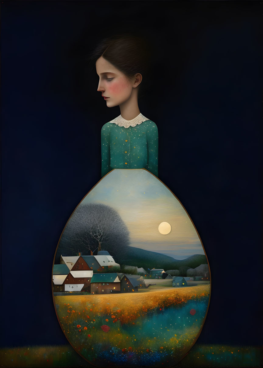 Surreal illustration of woman merging with landscape in egg shape