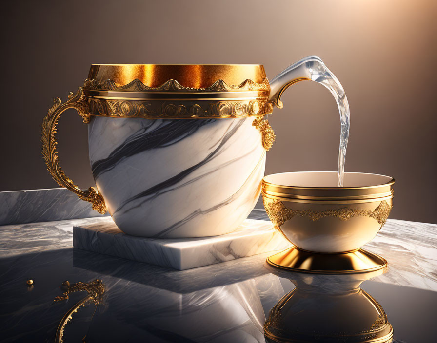 Marble teapot with golden embellishments pouring water into cup