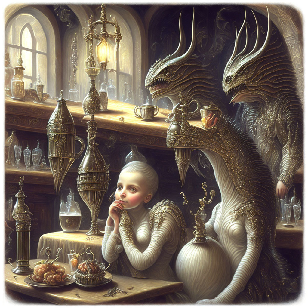 Whimsical illustration of child with dragon serving tea at lavish table