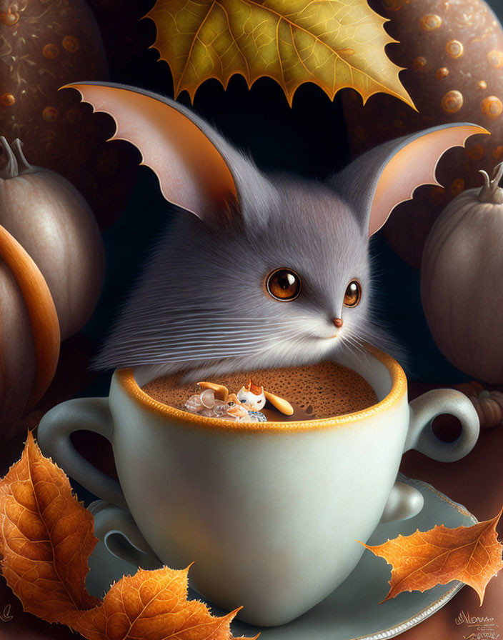 Grey Kitten in Coffee Cup Among Autumn Leaves and Pumpkins