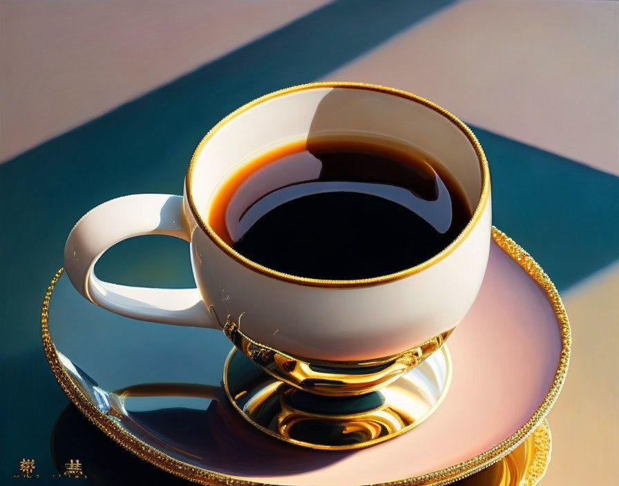 White and Gold Elegant Cup Reflecting Coffee on Glossy Surface