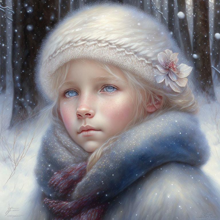 Digital painting of young girl with blue eyes and blonde hair in white hat and blue scarf amid falling snow