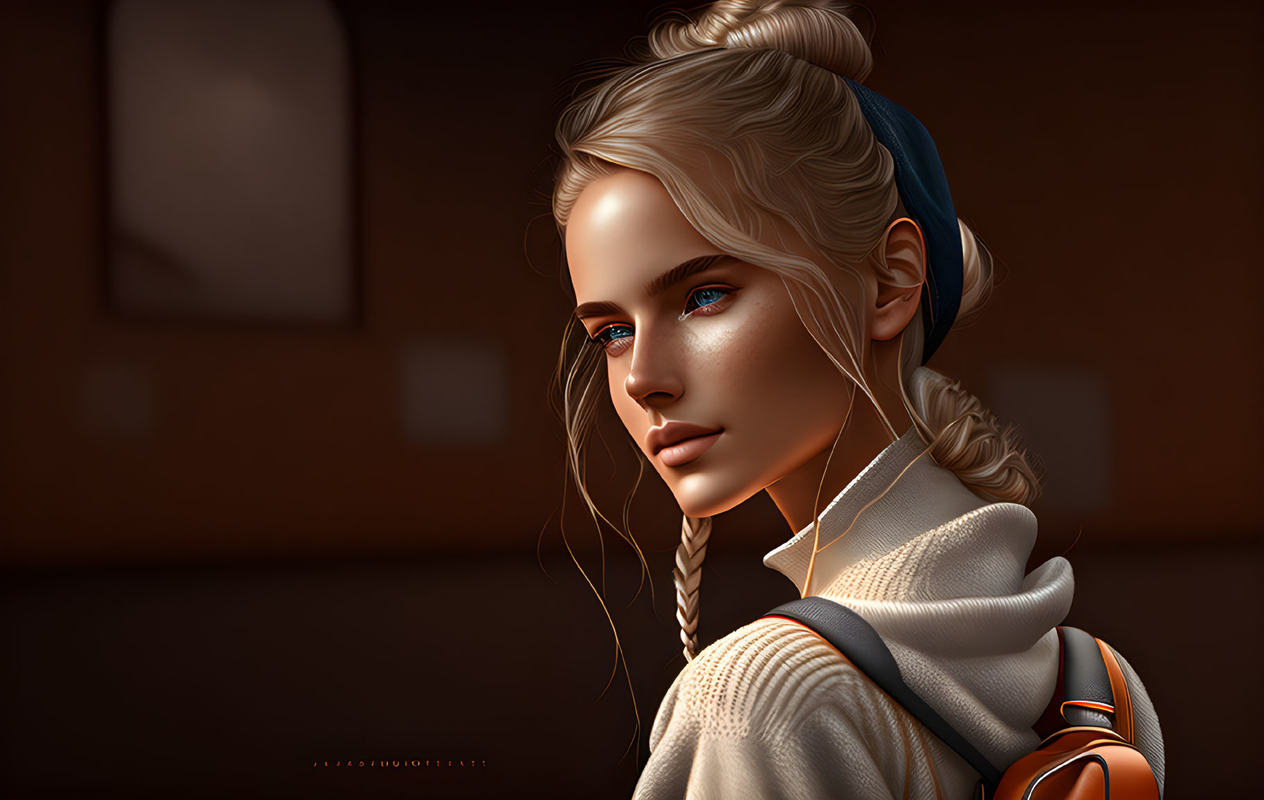 Blonde Woman with Blue Eyes in White Sweater and Orange Backpack