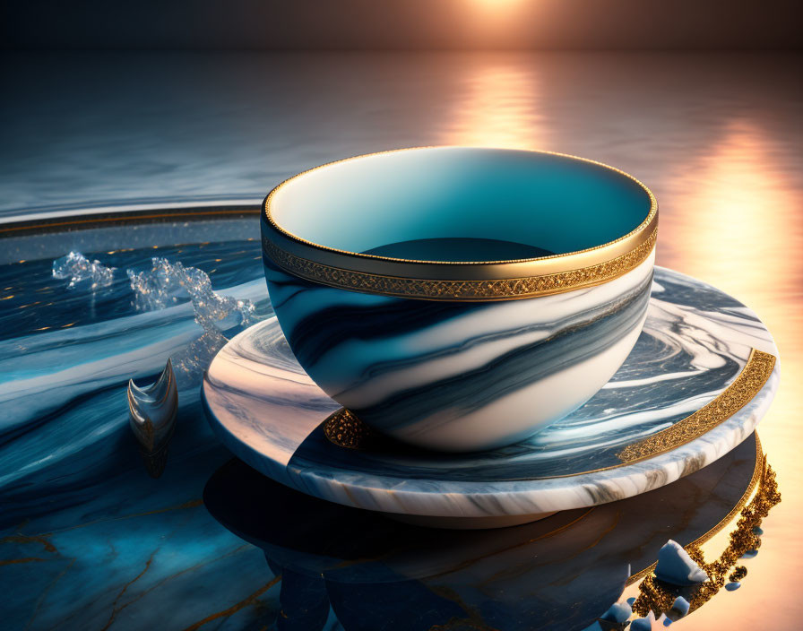 Blue and White Marbled Bowl with Gold Trim on Matching Plate beside Water Splash and Golden Ornaments