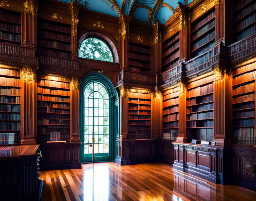 Sophisticated library with bookshelves, arched windows & wooden floors