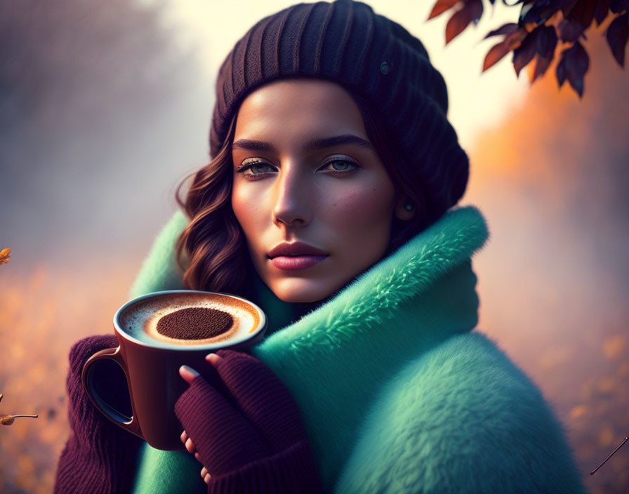 Woman in Teal Scarf and Beanie with Hot Coffee and Autumn Leaves