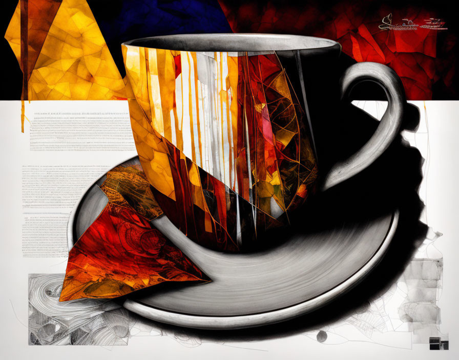 Abstract geometric patterns on cup and saucer in warm colors with gray swirls