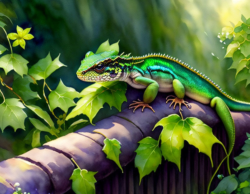 Colorful Green Lizard Resting on Tree Branch in Lush Foliage